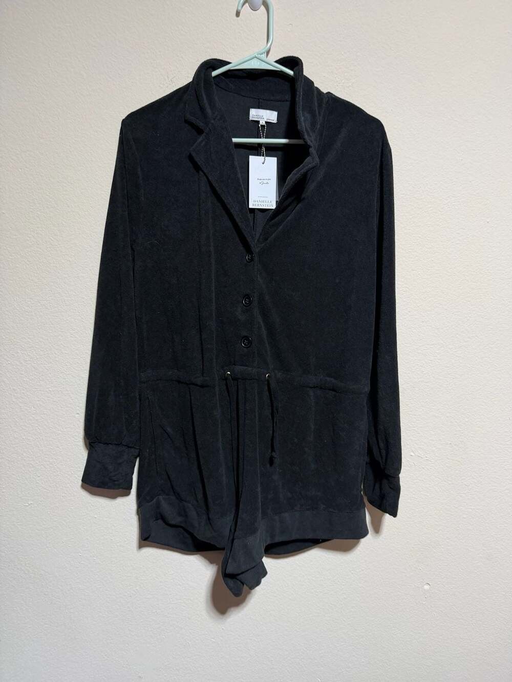 NWT Danielle Bernstein Towel Terry Black Knit Romper Long Sleeve Size- M